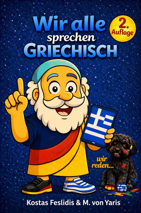 Ein fröhlicher, cartoonartiger Charakter mit einem Hund, Hintergrund mit griechischer Flagge.