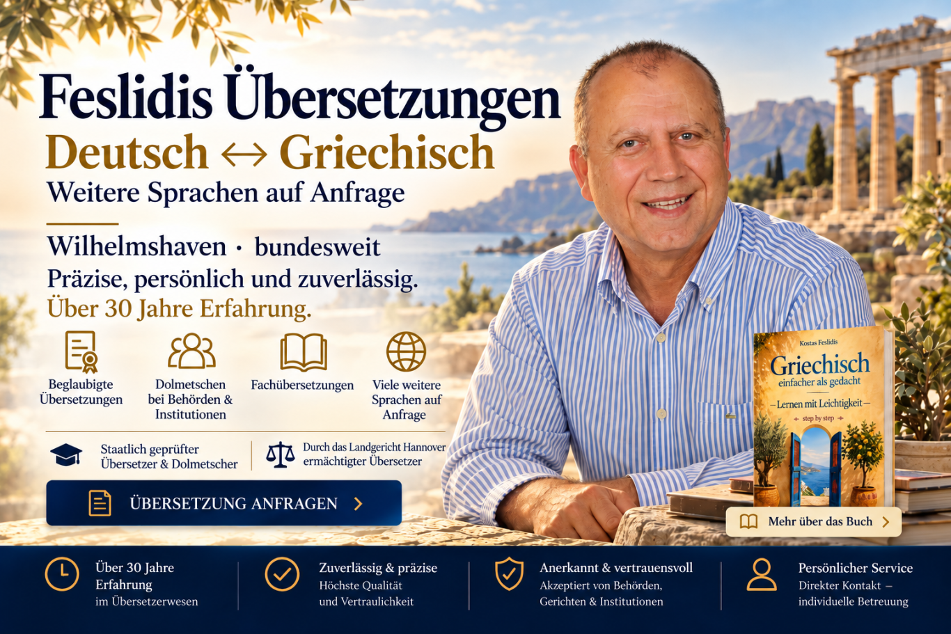 Zwei Flaggen (Griechenland und Deutschland) wehen über modernen Gebäuden in einer urbanen Landschaft.