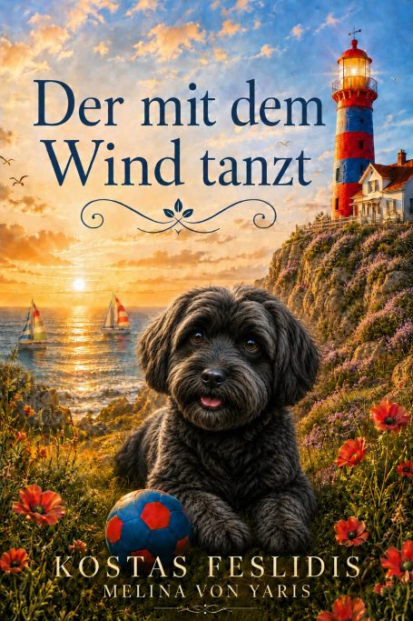 Ein Hund mit einem Ball vor einem Leuchtturm und einer bunten Landschaft bei Sonnenuntergang.