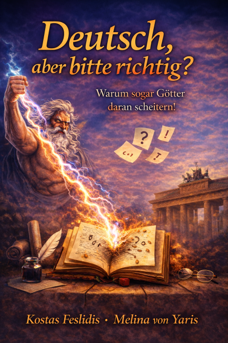 Ein kräftiger Mann mit Büchern und Fragen vor einem Hintergrund mit ikonischen Berliner Wahrzeichen.