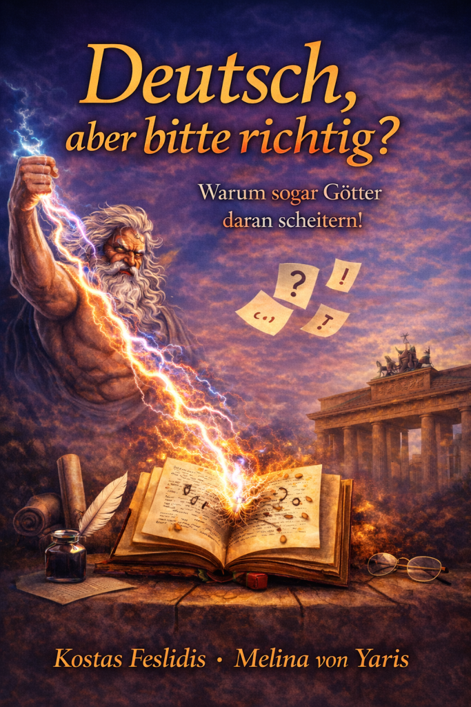 1. Deutsch, aber bitte richtig? Ein kräftiger Mann mit Büchern und Fragen vor einem Hintergrund mit ikonischen Berliner Wahrzeichen.