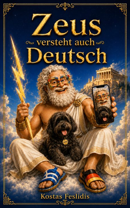 Zeus mit Blitz, Smartphone und Hund, sitzt auf Wolken vor antikem Gebäude.