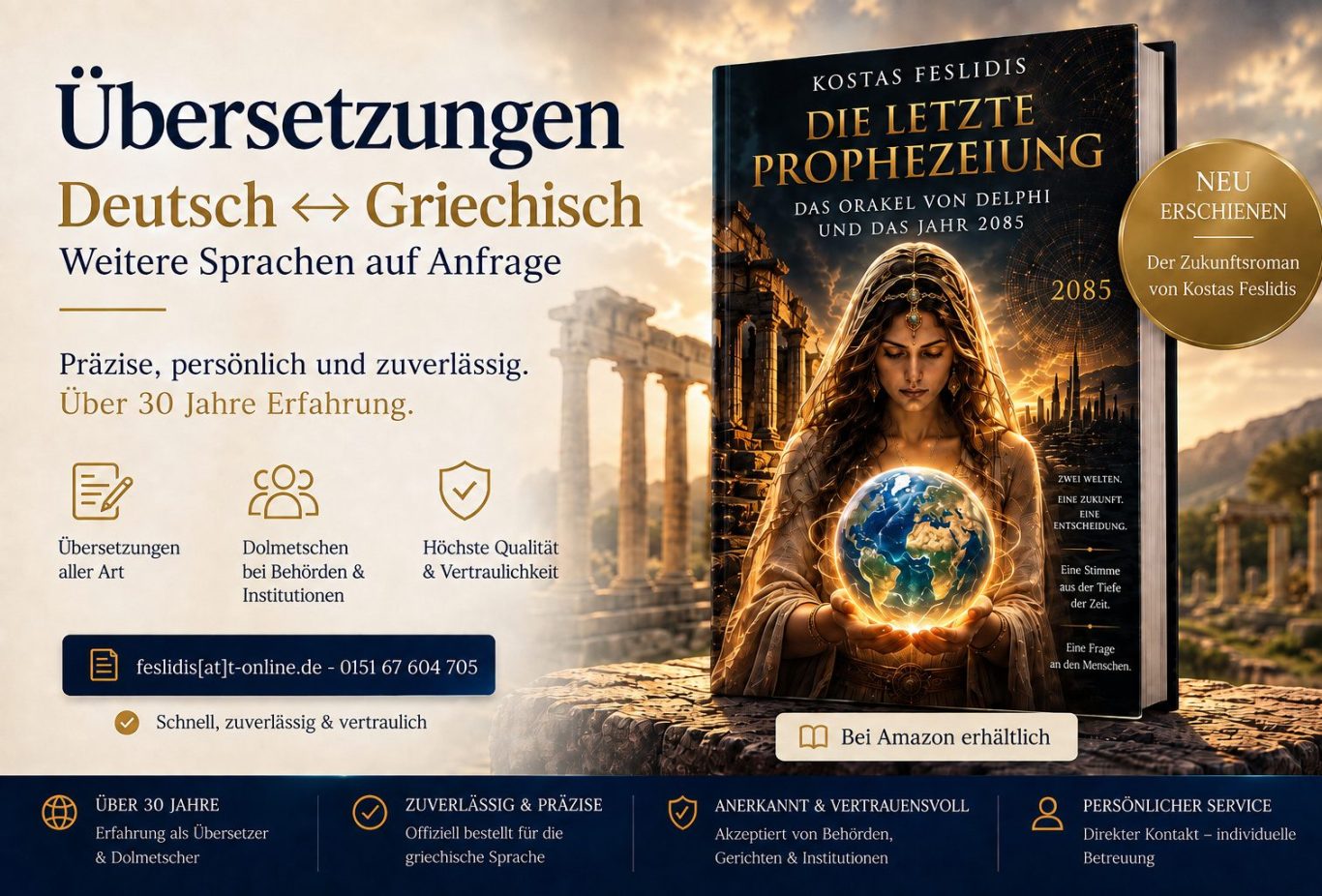 Feslidis Übersetzungen Zwei Flaggen (Griechenland und Deutschland) wehen über modernen Gebäuden in einer urbanen Landschaft.