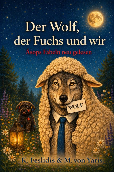 Ein Wolf im Schafspelz steht zwischen einem Fuchs und einem kleinen Hund unter einem Mond.